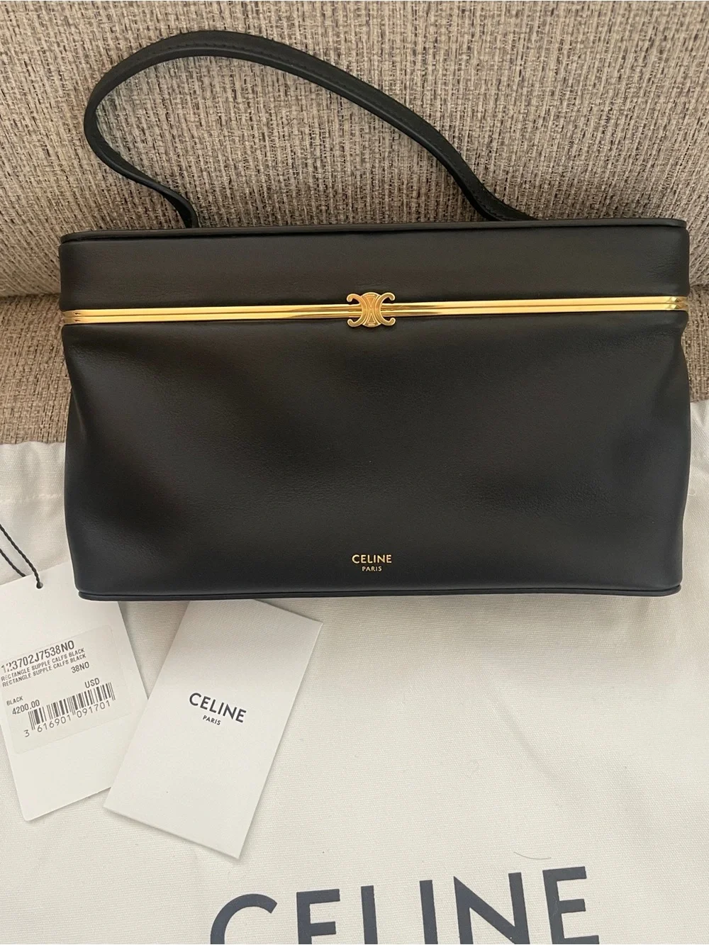 Celine rectangle Black Leather Top-Handle Satchel with Gold Hardware